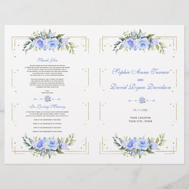 Blue Floral Gold Glitter Frame Wedding Program Flyer (Front)