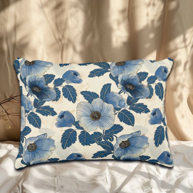 Blue Floral Gold Glitter Japanese Ukiyo-e Accent Pillow (Creator Uploaded)
