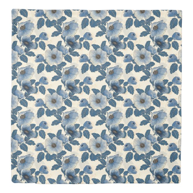 Blue Floral Gold Glitter Japanese Ukiyo-e Duvet Cover (Front)