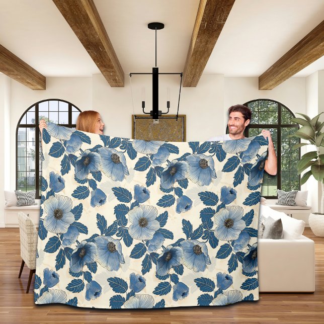 Blue Floral Gold Glitter Japanese Ukiyo-e Fleece Blanket (Creator Uploaded)