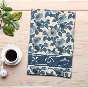 Blue Floral Gold Glitter Japanese Ukiyo-e Kitchen Towel