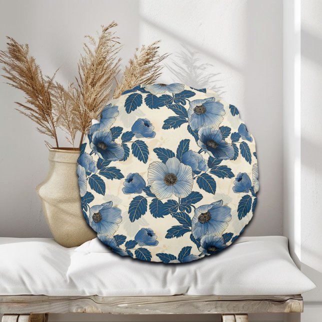 Blue Floral Gold Glitter Japanese Ukiyo-e Round Pillow (Creator Uploaded)