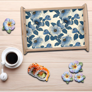 Blue Floral Gold Glitter Japanese Ukiyo-e Serving Tray