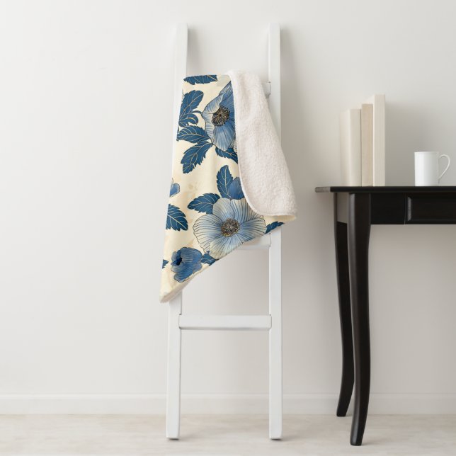 Blue Floral Gold Glitter Japanese Ukiyo-e Sherpa Blanket (In Situ)