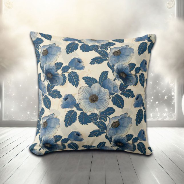Blue Floral Gold Glitter Japanese Ukiyo-e Throw Pillow (Creator Uploaded)