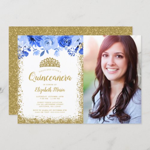 Blue Floral Gold Glitter Tiara Quinceane Photo Invitation