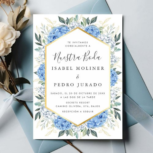 Blue Floral Gold Leaves Nuestra Boda Wedding Invitation