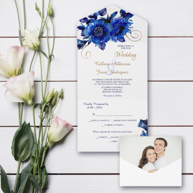 Blue Floral Gold Swirl Wedding All In One Invitation (Creator Uploaded)