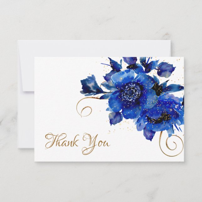 Blue Floral Gold Swirl Wedding Thank You Card (Front)