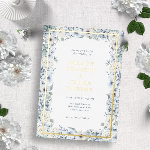 Blue Floral Gold Wedding Foil Invitation