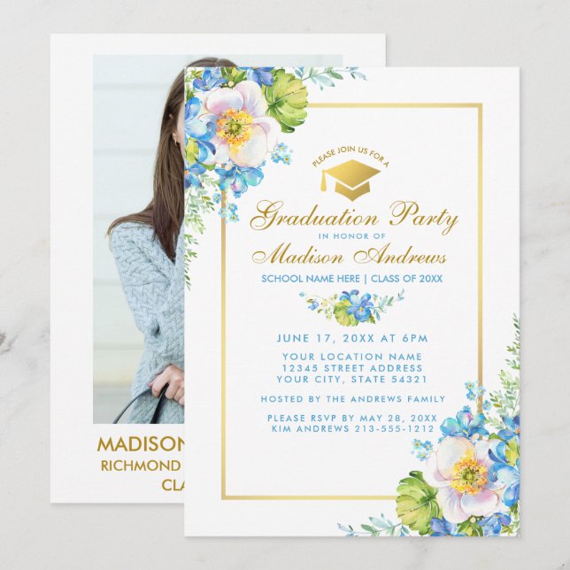 Blue Floral Grad Party Gold Invite - Photo Back (Front/Back)