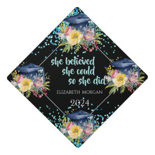 Blue Floral Graduation Cap,Confetti   Cap Topper