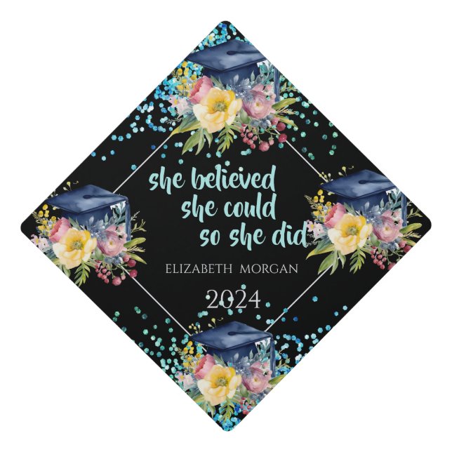 Blue Floral Graduation Cap,Confetti   Cap Topper (Front)