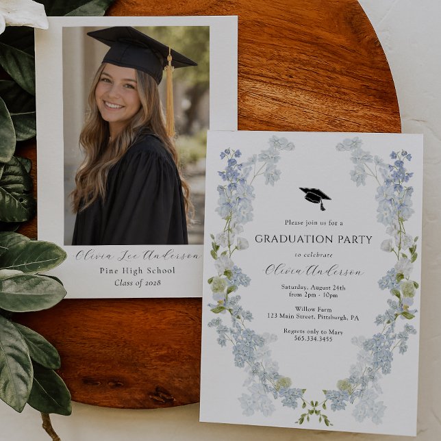 Blue Floral Graduation Invitation with Photo  (Creator Uploaded)