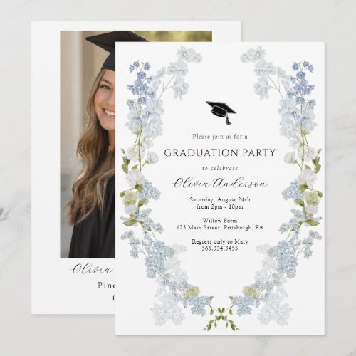 Blue Floral Graduation Invitation with Photo