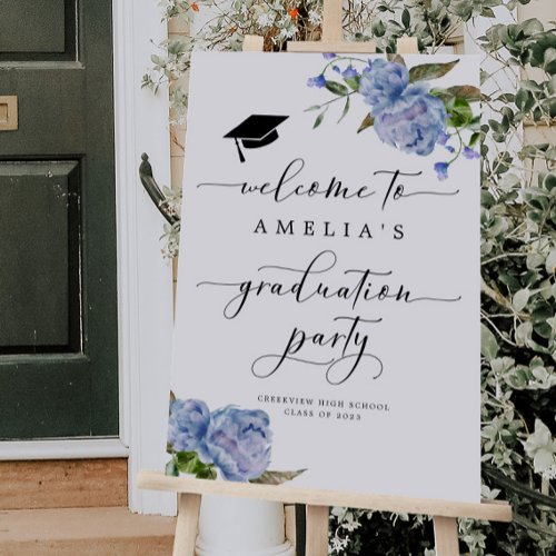 Blue Floral Graduation Party Welcome Sign