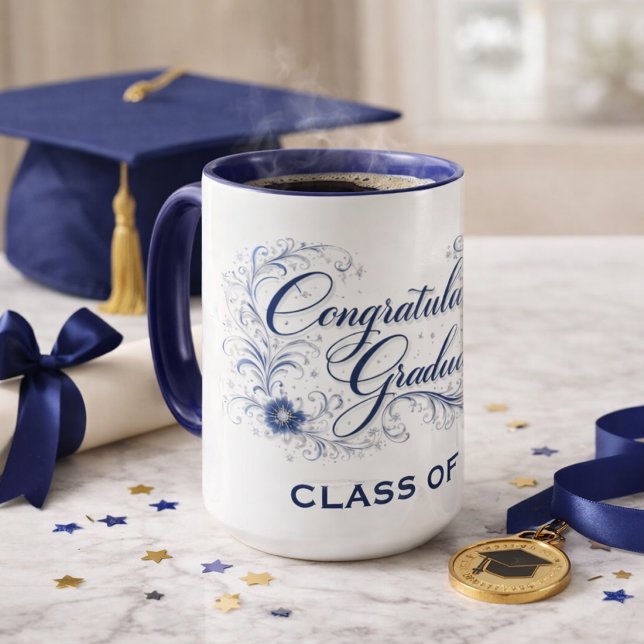 Blue Floral Graduation Script with Custom Year Mug (Creator Uploaded)