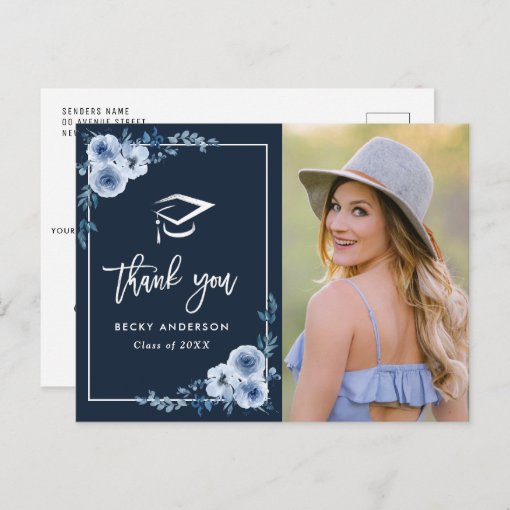 blue floral graduation thank you postcard | Zazzle