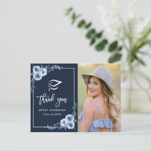 Blue Floral Graduation Thank You Postcard 