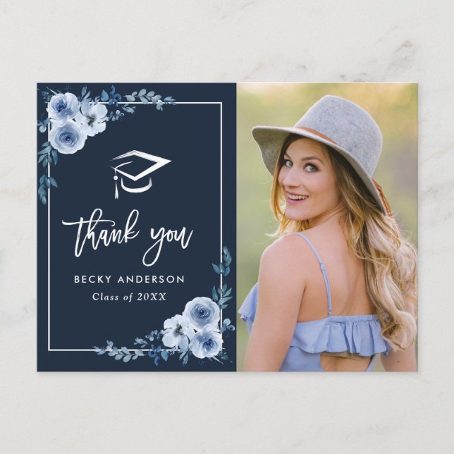 blue floral graduation thank you postcard (Front)