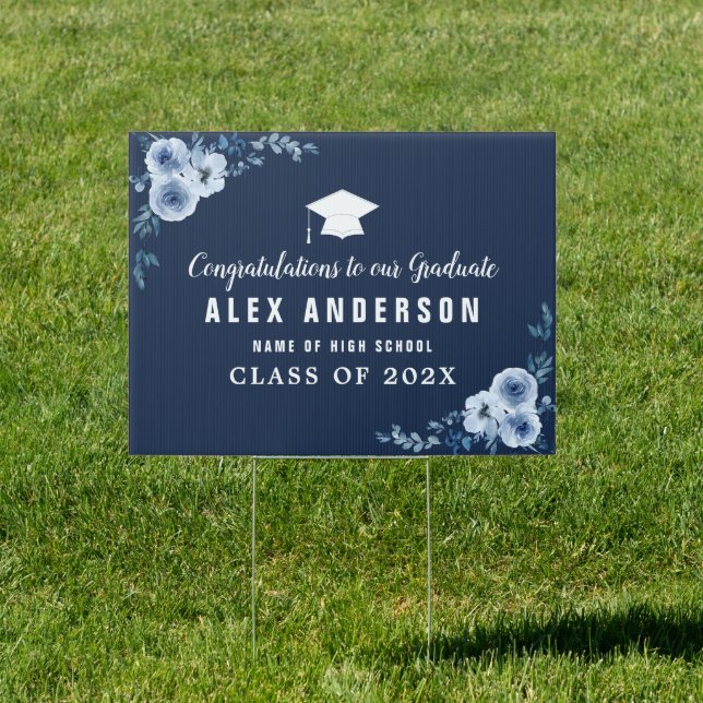 blue floral graduation yard sign (Insitu)