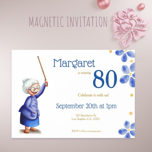 Blue Floral Grandmother with Cane 80th Birthday Magnetic Invitation