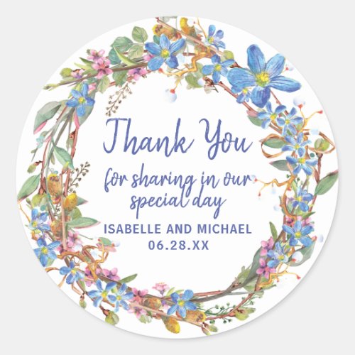 Blue Floral Grapevine Wreath Wedding Thank You Classic Round Sticker