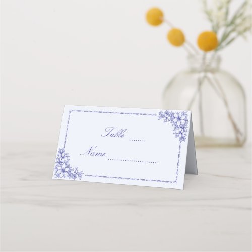Blue Floral Graphics  Ornate Border Wedding  Place Card