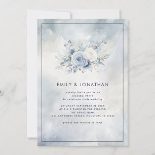 Blue Floral Gray Watercolor Wedding Evening Invite