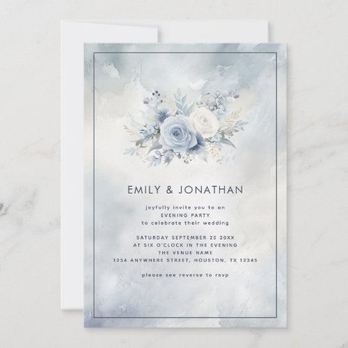 Blue Floral Gray Watercolor Wedding Evening Invite