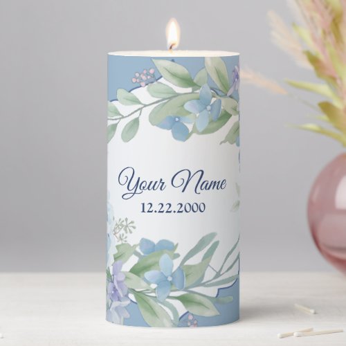 Blue Floral Green Leaves Frame Elegant Wedding Pillar Candle