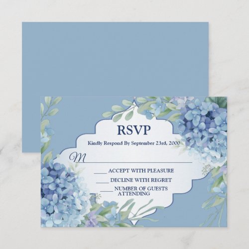 Blue Floral Green Leaves Frame Elegant Wedding RSVP Card