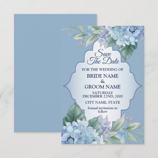 Blue Floral Green Leaves Frame Elegant Wedding Save The Date (Front/Back)