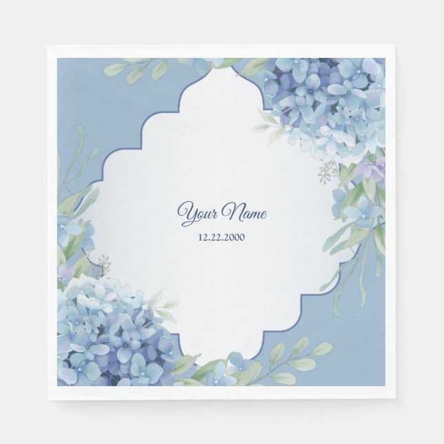 Blue Floral Green Leaves Frame Wedding Party Napkins (Front)