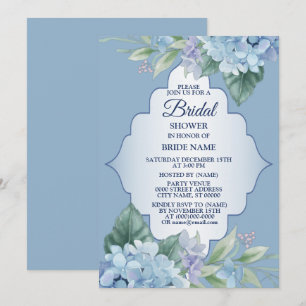 Blue Floral Green Leaves Wedding Bridal Shower Invitation