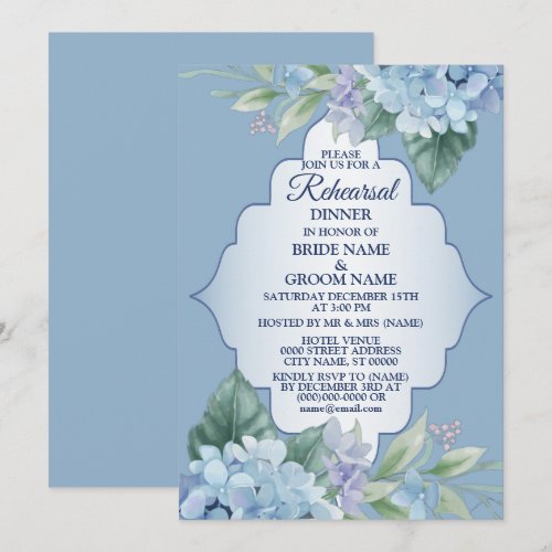 Blue Floral Green Leaves Wedding Rehearsal Dinner Invitation