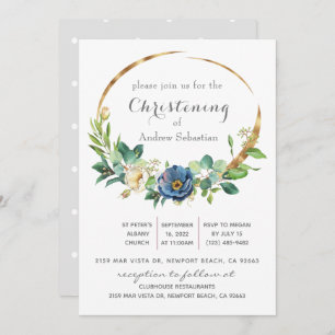 Blue Floral Greenery Baptism Boy Invitation