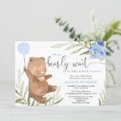 Blue floral greenery bear balloon boy baby shower invitation (Standing Front)