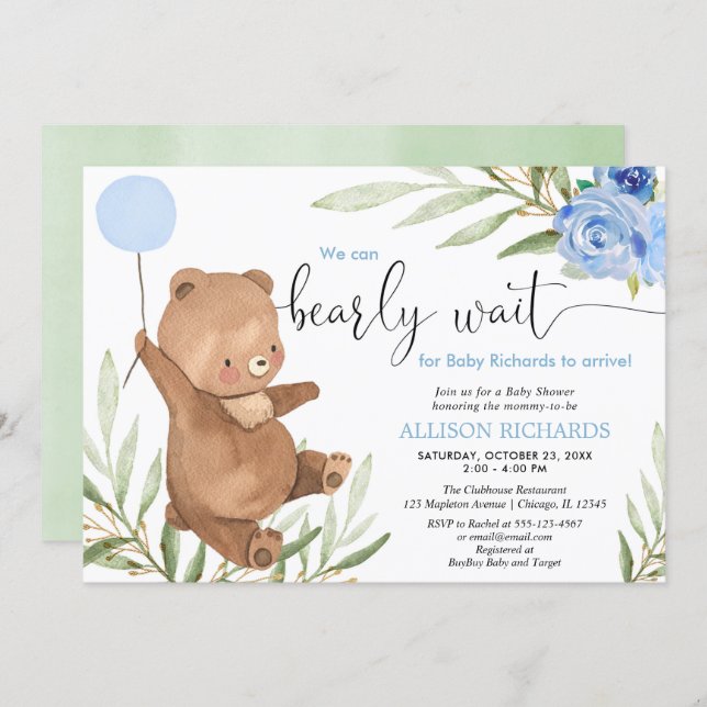Blue floral greenery bear balloon boy baby shower invitation (Front/Back)
