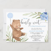 Blue floral greenery bear balloon boy baby shower invitation (Front)