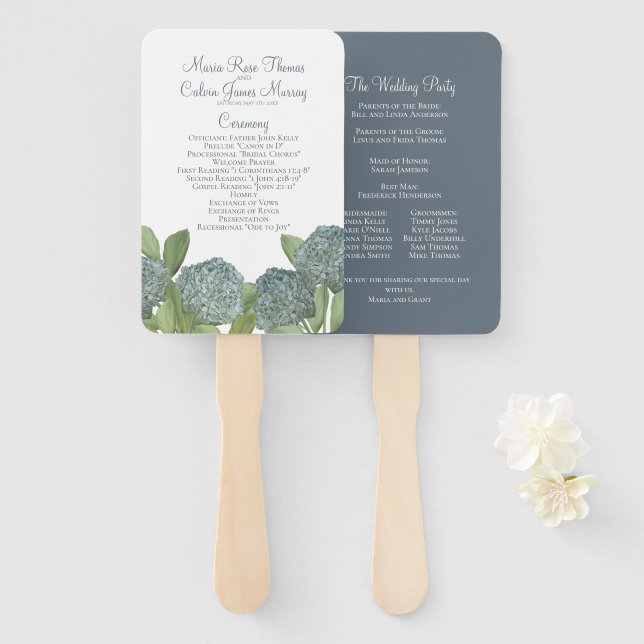 Blue Floral Greenery Botanical Wedding Ceremony Hand Fan (Front and Back)