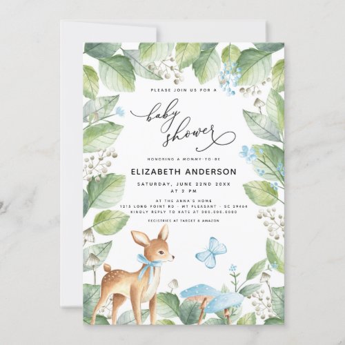 Blue Floral Greenery Deer Boy Baby Shower Invitation