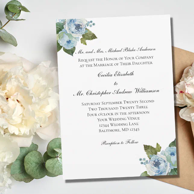 Blue Floral Greenery Elegant Formal Wedding Invitation | Zazzle