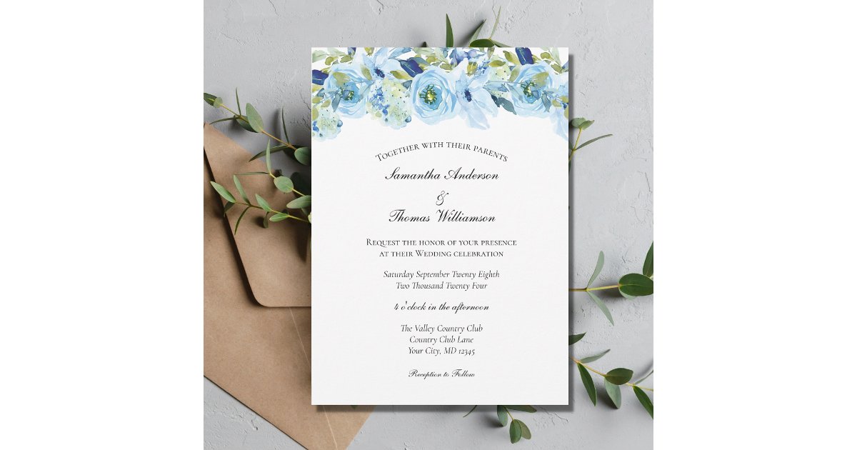 Blue Floral Greenery Elegant Modern Wedding Invitation | Zazzle