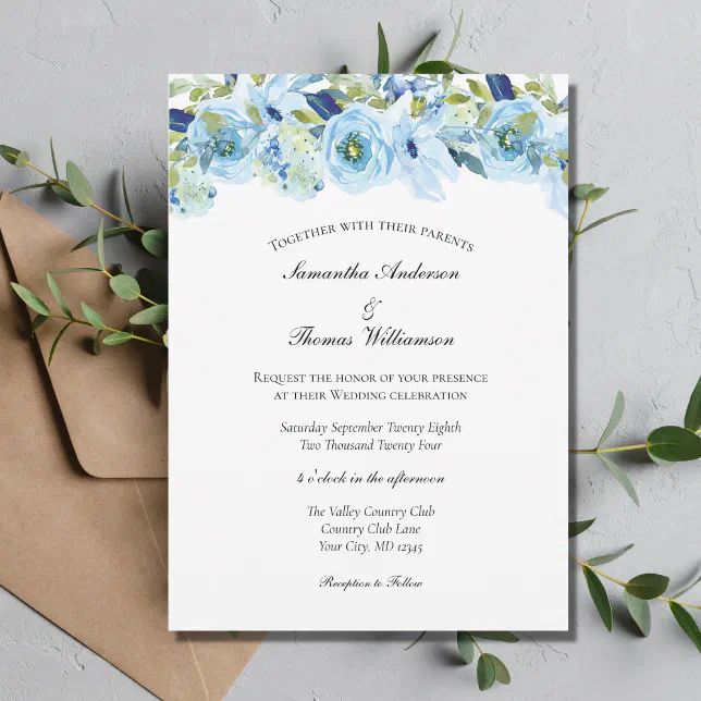 Blue Floral Greenery Elegant Modern Wedding Invitation | Zazzle