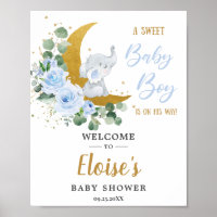 Blue Floral Greenery Elephant Baby Shower Welcome  Poster