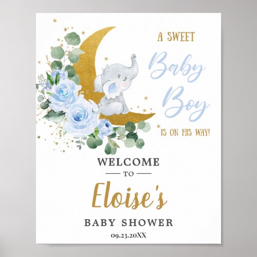 Blue Floral Greenery Elephant Baby Shower Welcome  Poster