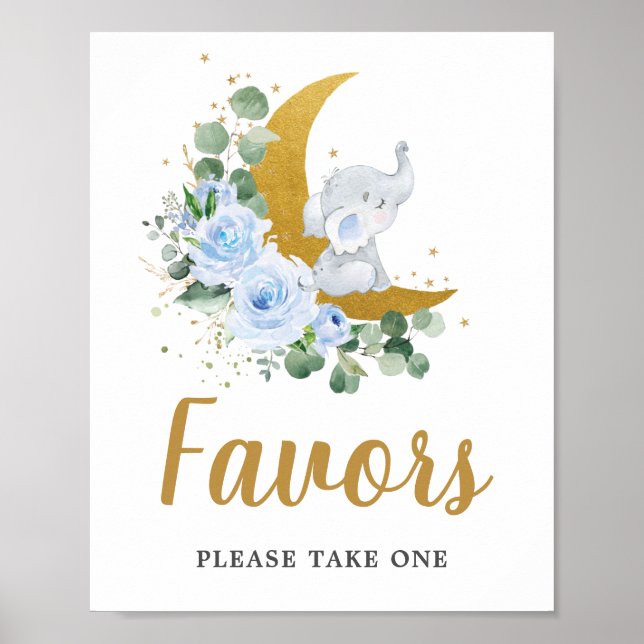 Blue Floral Greenery Elephant Crescent Moon Favors Poster (Front)