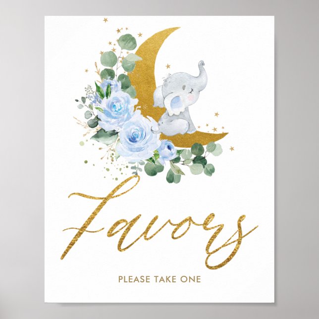 Blue Floral Greenery Elephant Crescent Moon Favors Poster (Front)