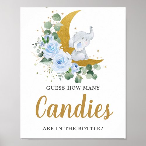 Blue Floral Greenery Elephant How Many Candies  Poster